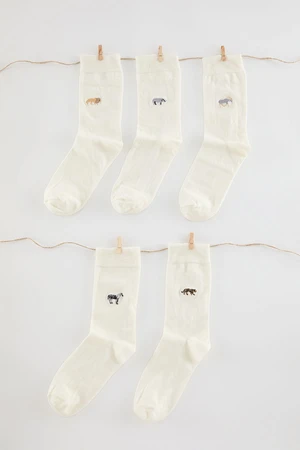 Trendyol Ecru Unisex 5 Pack Animal Embroidered Cotton Sock-Long Socks