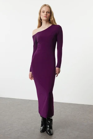 Trendyol Plum Plain Asymmetrical Collar Detailed Fitted Flexible Maxi Knitted Dress