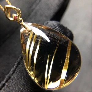 Natural Gold Hair Rutilated Quartz Pendant Jewelry For Woman Man Wealth Love Gift Clear Crystal 23x17x10mm Beads 18K Gold AAAAA