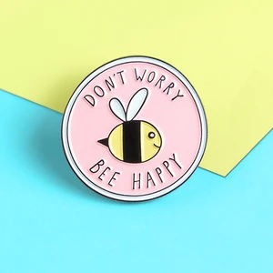 NEW Pink Round Insect Bee Brooches DON'T WORRY BEE HAPPY Enamel Pins BroochFor Kids Lapel Pin Shirt Bag Badge Broche Bijoux