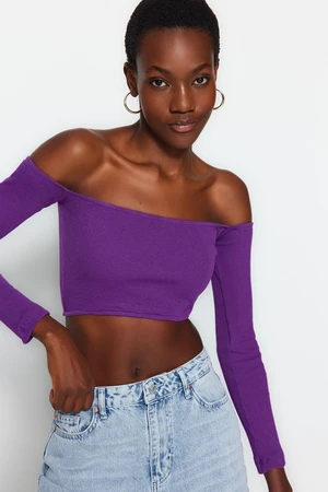 Trendyol Purple Fitted Super Crop Carmen Collar Ribbed Stretch Knitted Blouse