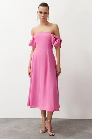 Trendyol Pink A-Line Carmen Collar Woven Dress