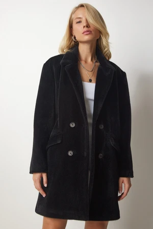 Happiness İstanbul Women's Black Rabbit Hair Look Oversize Coat