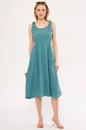 armonika Women's Turquoise Dekatria Dress with Elastic Waist and Straps and Pockets Linen Look Midi Size