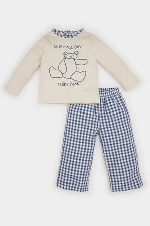 DEFACTO Baby Boy Pajama Set Bear Printed Long Sleeve Top Plaid Woven Bottom