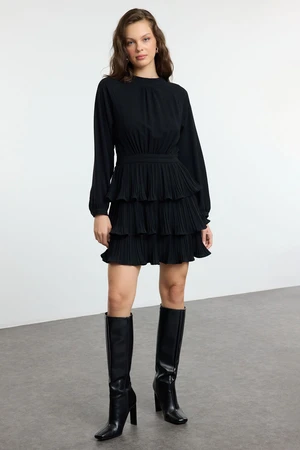 Trendyol Black Skater/Waist Open Pleated Stand Collar Mini Woven Dress