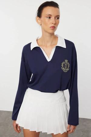 Trendyol Navy Blue Polo Neck Embroidery and Poplin Garni Detailed Oversize/Wide Pattern Knitted T-Shirt