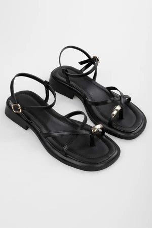 Shoeberry Women's Bianca Black Gold Buckle Sandals