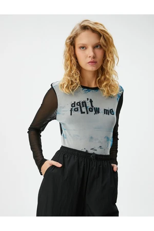 Koton Tulle T-Shirt Tie-Dye Patterned Slogan Printed Long Sleeve Crew Neck