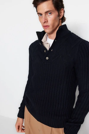 Trendyol Navy Blue Men's Slim Fit Half Turtleneck Buttons Knitwear Sweater