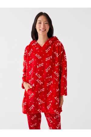 LC Waikiki Women's Hooded Christmas Theme Long Sleeve Plush Pajamas Top