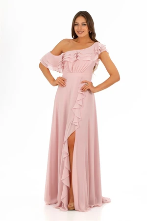 Carmen Powder Chiffon Shoulder Flounce Slit Evening Dress