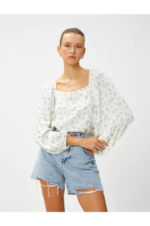 Koton Floral Blouse Square Neck Balloon Sleeve