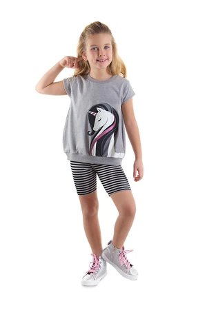 Denokids Striped Unicorn Girl Gray Black Summer T-shirt Tights Set