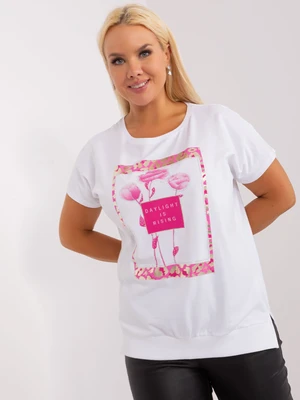 White and pink blouse with a round neckline plus size