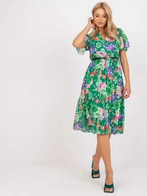 Green pleated midi dress with floral prints