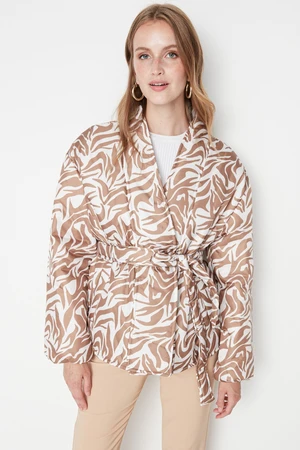 Trendyol Camel Zebra vzorovaný oversized pásový nafúknutý kabát