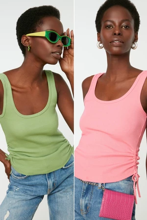 Trendyol Pink-Mint 2-Pack Shirring Detailed Pool Collar Ribbed Flexible Knitting Singlet