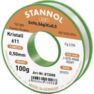 Bezolovnatý pájecí cín Stannol Kristall 611 Fairtin, bez olova, 100 g, 0.5 mm