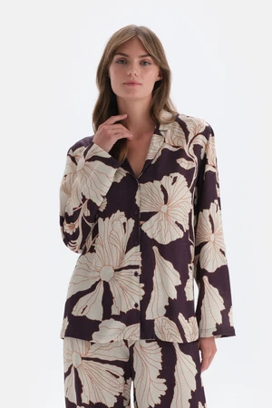 Dagi Purple Floral Print Detailed Woven Shirt