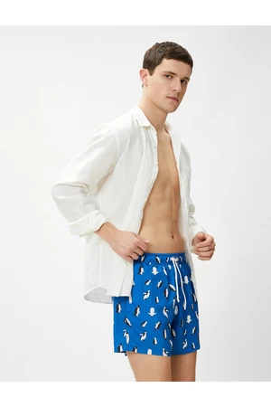 Koton Marine Shorts with Penguin Print with a lace-up waist, Pocket