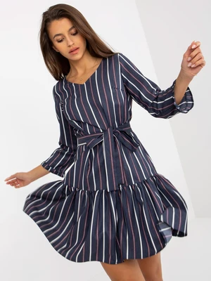 Navy blue flowing cocktail dress with stripes