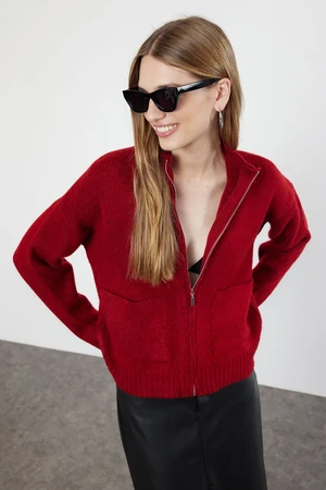 Trendyol Burgundy Soft Textured Zippered Knitwear Cardigan