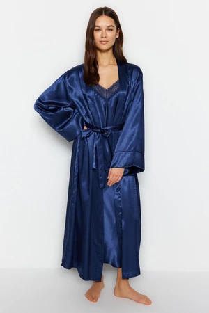 Trendyol Indigo Belted Satin Woven Dressing Gown