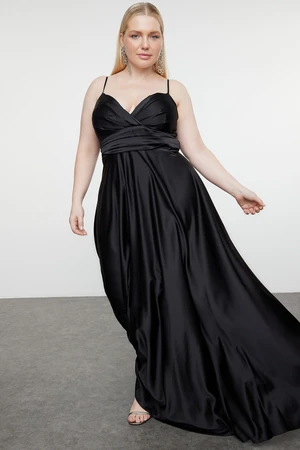 Trendyol Curve Black Strap Double Breasted Neck A-Cut Maxi Woven Evening Dress/Evening/Graduation/Engagement Dress