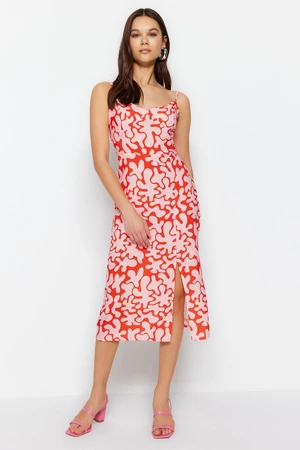 Trendyol Red Straight Cut Midi Floral Pattern Woven Dress