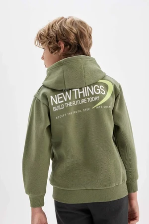 DEFACTO Boy Khaki Back Printed Hooded Pocket Sweatshirt