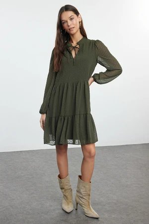 Trendyol Khaki Plain Wide Cut Polka Dot Chiffon Fabric Woven Winter Dress