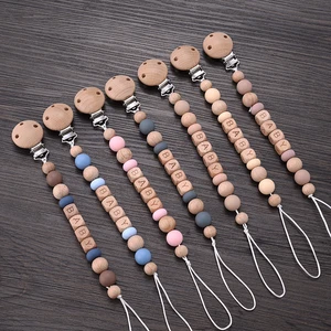 Baby Personalized Name Pacifier Clips Silicone Wooden Beech Beads Anti-Lost Pacifier Chain for Dummy Nipple Holder BPA Free