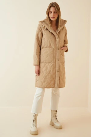 Happiness İstanbul Women's Cream Pocket Hooded Oversize Quilted Coat