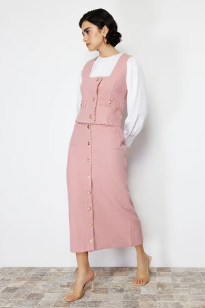 Trendyol Pink Tweed Vest Skirt Woven Bottom Top Set