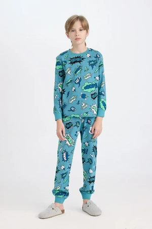 DEFACTO Boy's Pajama Set Patterned Long Sleeve Top Elastic Waist Long Bottom