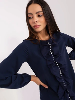 Women's navy blue formal blouse with pearls