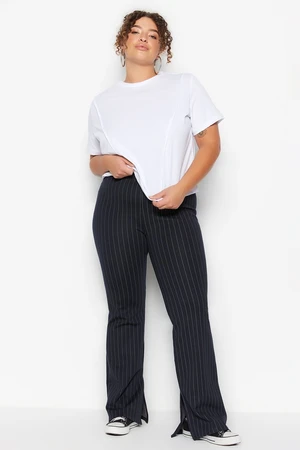 Trendyol Curve Navy Blue Side Slit Flare Striped Knitted Leggings Trousers