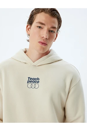 Koton Hooded Sweatshirt Oversize Slogan Printed Basic Kangaroo Pocket Detailed Raised Cotton Blend