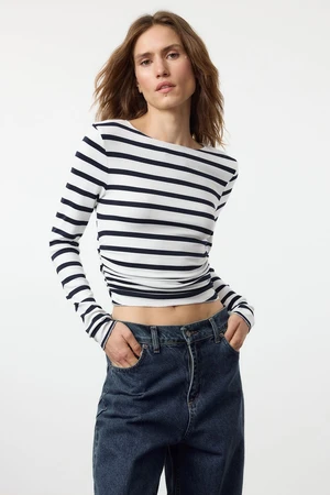 Trendyol Navy Blue*001 Striped Fitted/Fits on the Body Gathered/Drape Detailed Flexible Knitted Blouse