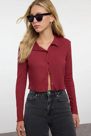 Trendyol Burgundy Buttoned Fitted Polo Neck Wrap/Textured Crop Knitted Blouse