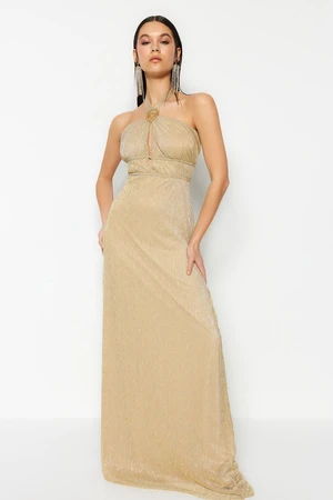 Trendyol Long Evening Dress with Window/Cut Out Detailed Gold Opening at the Waist/Skater Lined Evening Dress