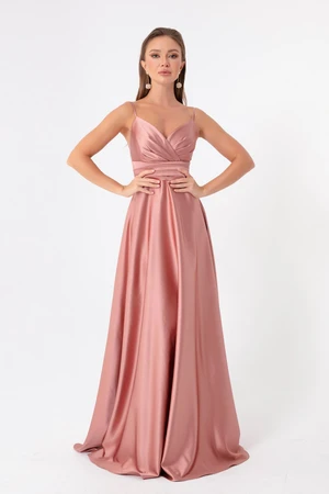 Lafaba Women's Salmon Long Satin Evening Dress with Thread Straps and Waist Belt