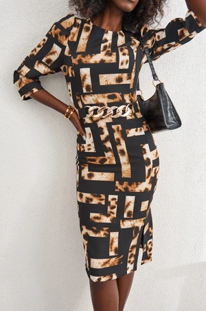 Fitted black-beige dress with animal print