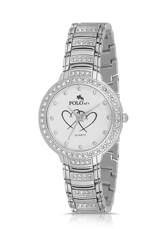 Polo Air Luxury Stone Heart Patterned Women's Wristwatch Silver Color