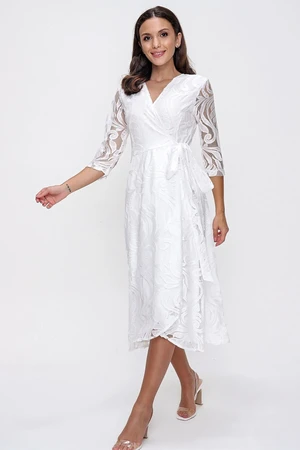 By Saygı Double-breasted Collar Lined, Wrapped Lace Dress White