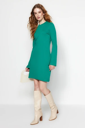 Trendyol Emerald Green Stand-Up Collar Spanish Sleeve Mini Interlock Knit Dress