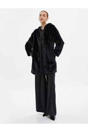 Koton Plush Long Coat Zippered Hooded with Pocket Detail