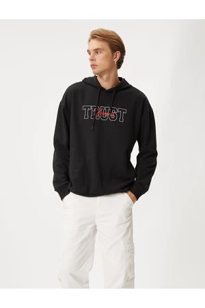 Koton Hooded Sweat Slogan Printed Pocket Detailed Long Sleeve Raised