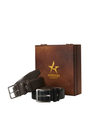 ALTINYILDIZ CLASSICS Men's Black-brown 2 Piece Casual Belt Set with Special Wooden Gift Box Groom's Pack